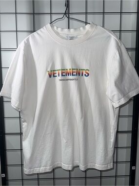 Vetements White T-Shirt with Multicolor Rainbow Logo